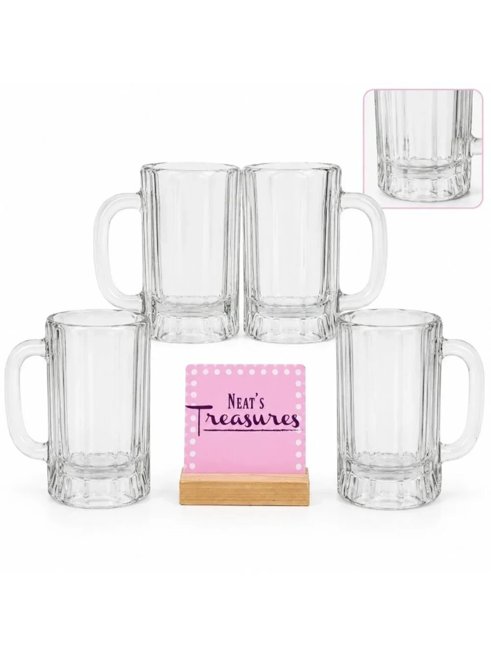 Libbey HEIDELBERG German Style 10 Panel Heavy Handle Clear Beer Mugs Stein Set 4